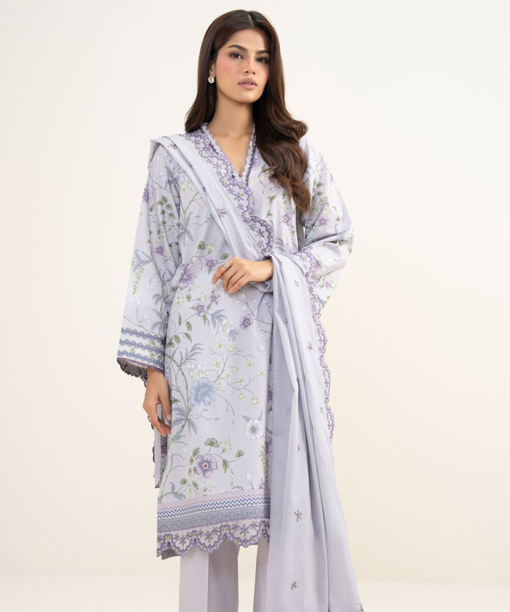 Women's Unstitched Lawn Embroidered Purple 3 Piece Suit