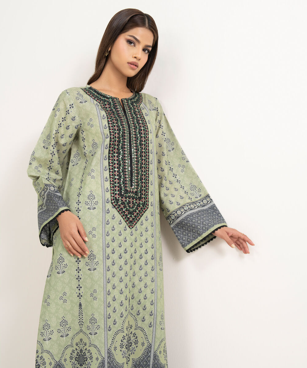 Women's RTW Zari Cotton Embroidered Green A-Line Shirt