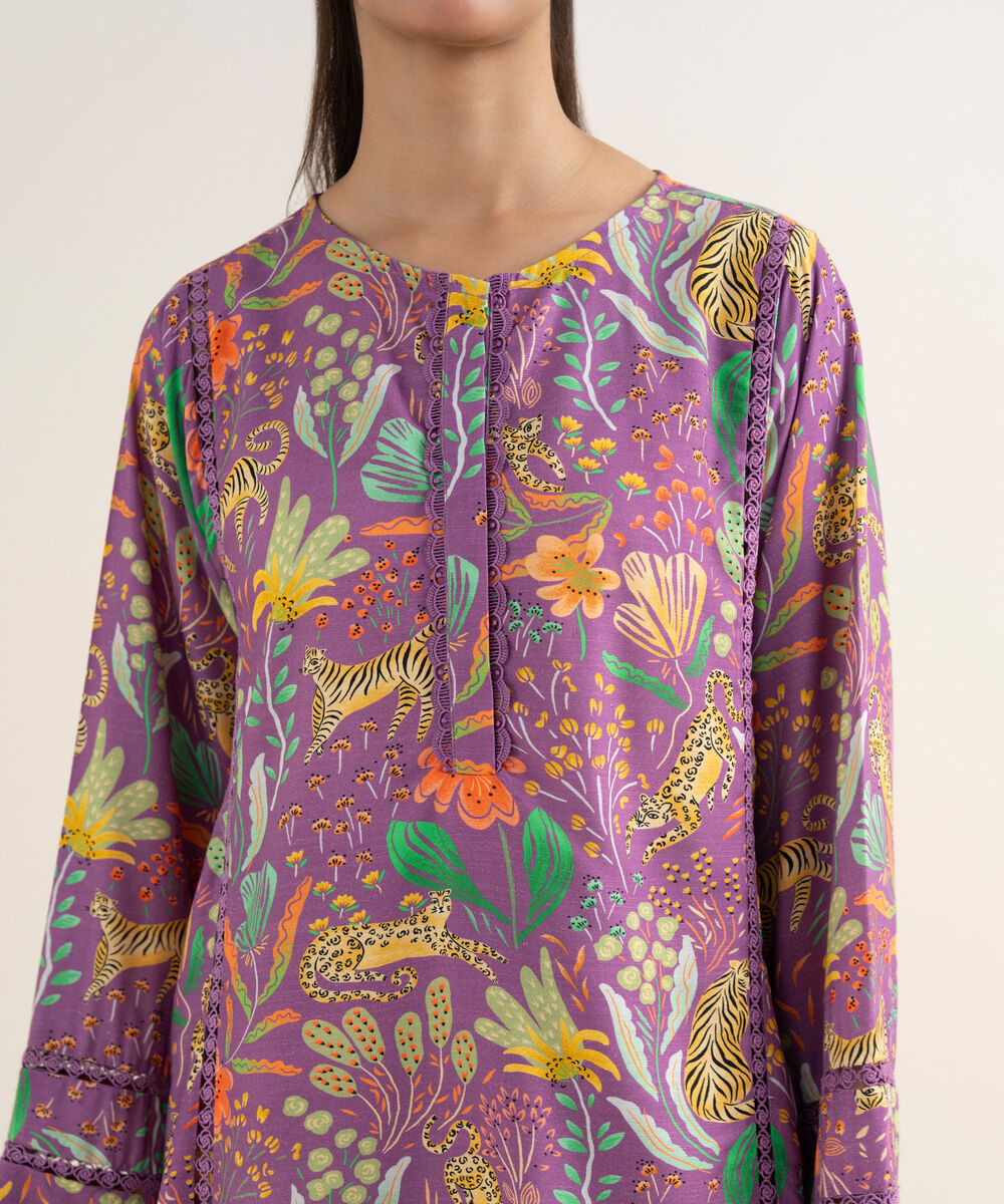 Women's RTW Herringbone Printed Purple Boxy Shirt