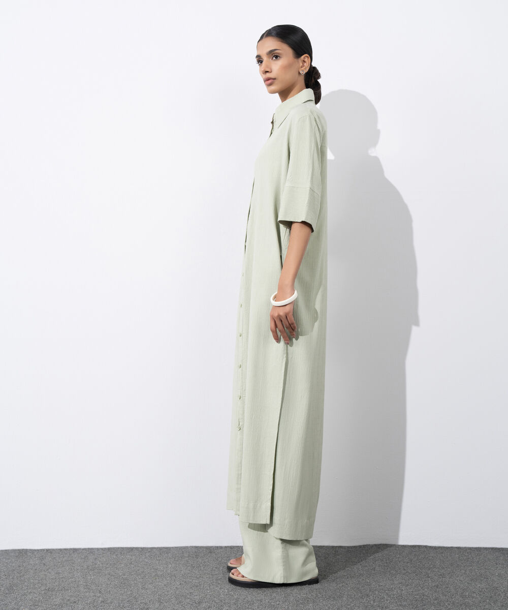 Women's Western Wear Green Seersucker Button Through Dress