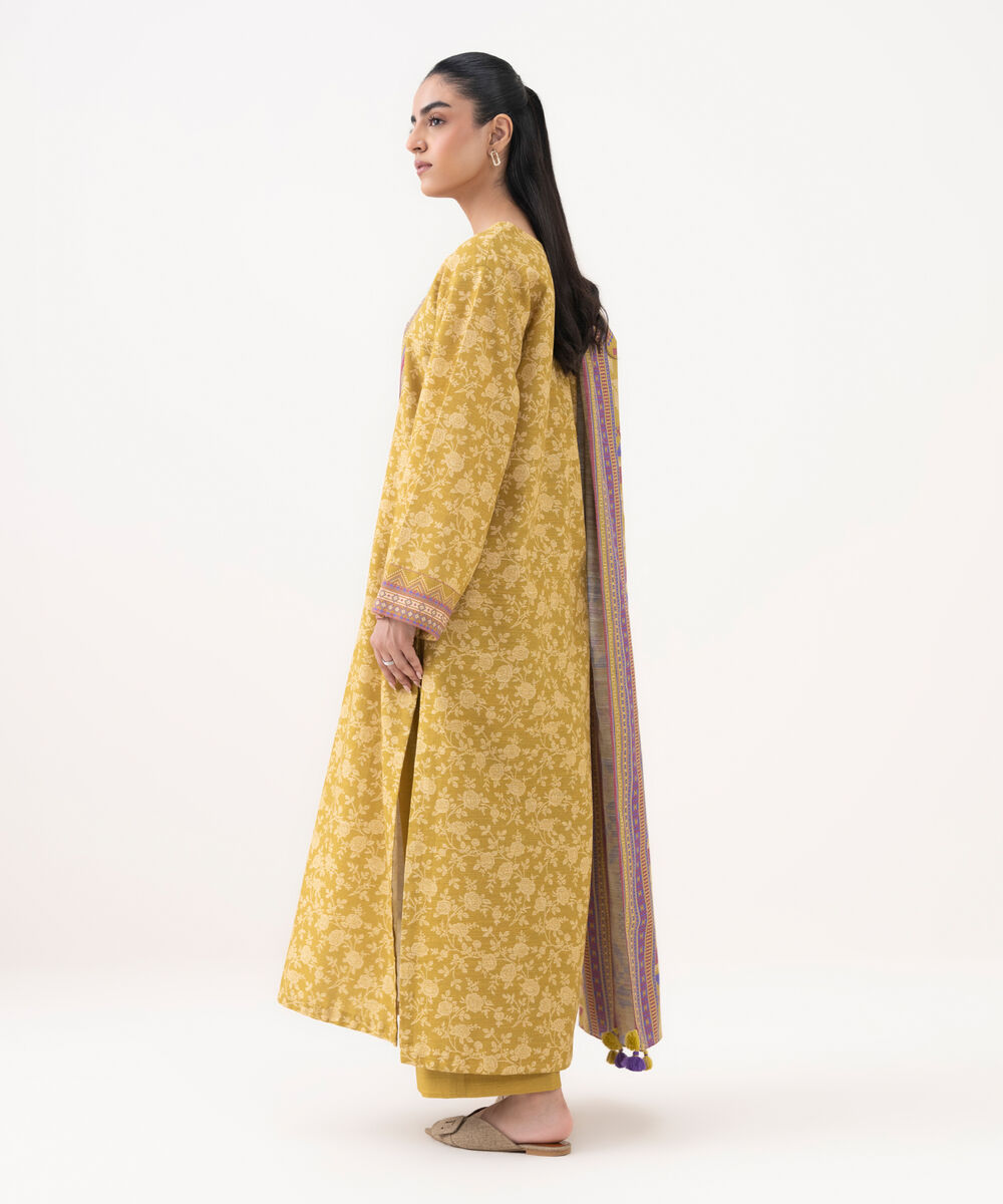Women's Unstitched Khaddar Printed Yellow 3 Piece Suit