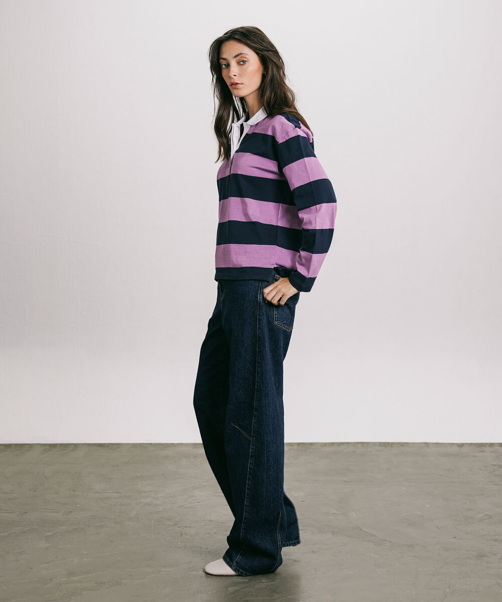 Women's Western Wear Purple Striped Rugby Polo Shirt