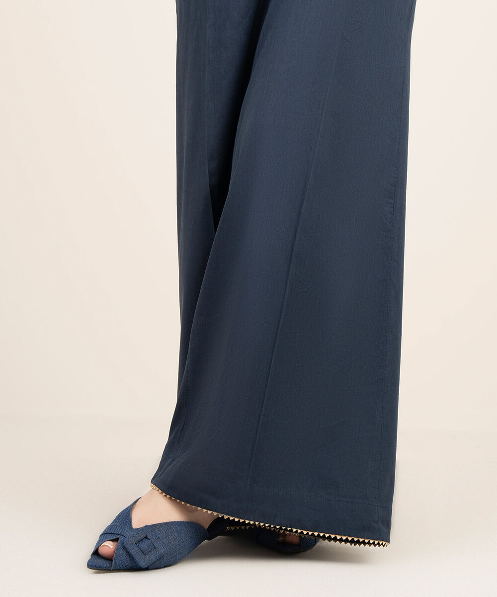 Women's RTW Cotton Viscose Solid Blue Flared Pants