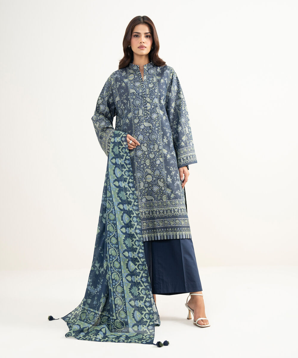Women's Unstitched Zari Lawn Embroidered Blue 3 Piece Suit