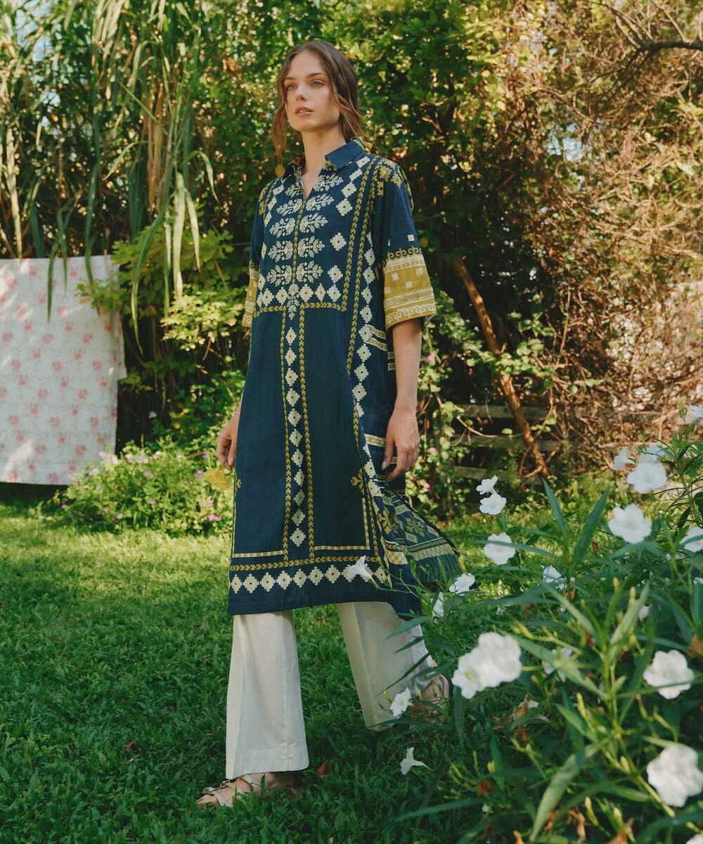 Women's RTW Textured Cotton Printed Blue A-Line Shirt