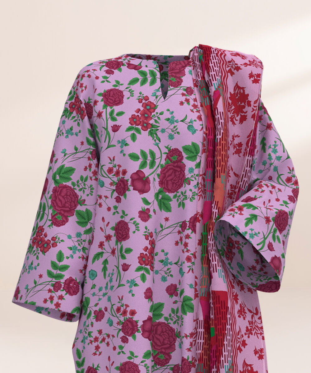 Women's Three Piece Printed Grey and Blue Lawn Suit