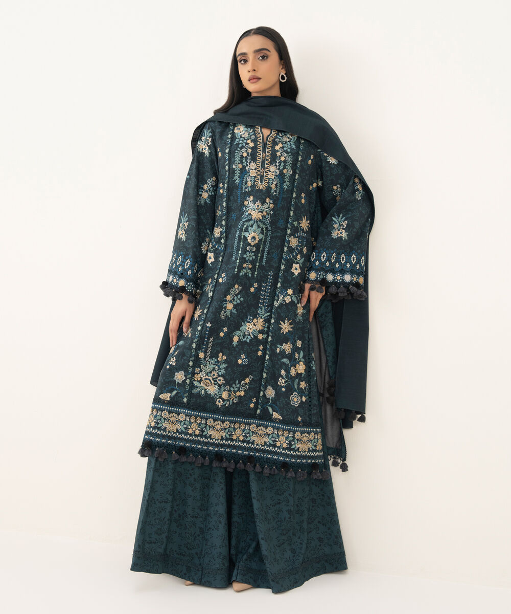 Women's Unstitched Embroidered Twill Teal Green 3 Piece Suit