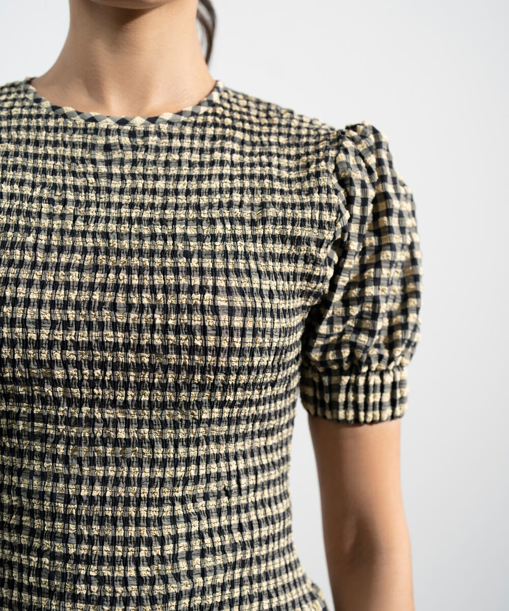 Women's Western Black And Yellow Smocked Seersucker Gingham Dress