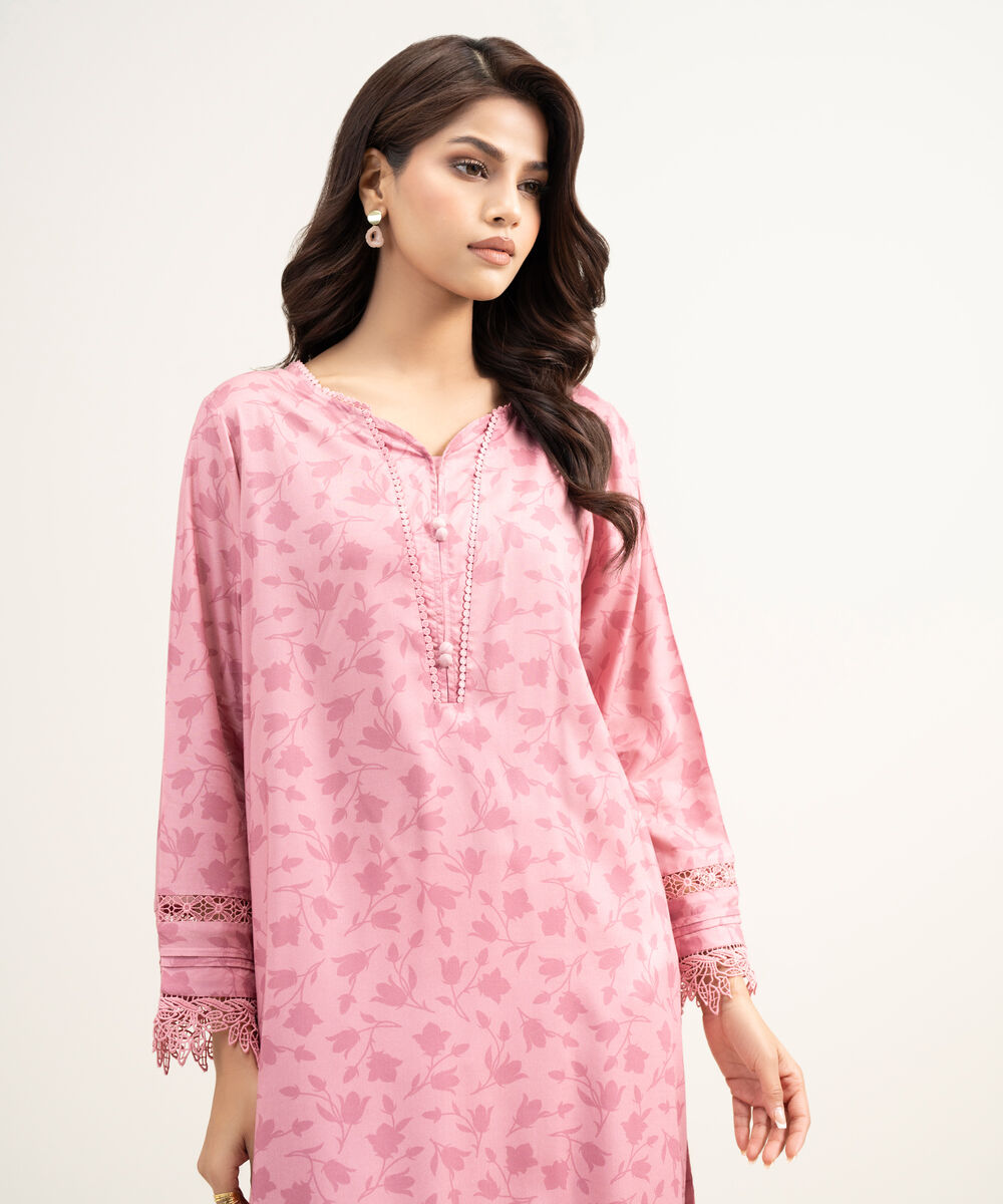 Women's RTW Arabic Lawn Printed Pink Straight Shirt