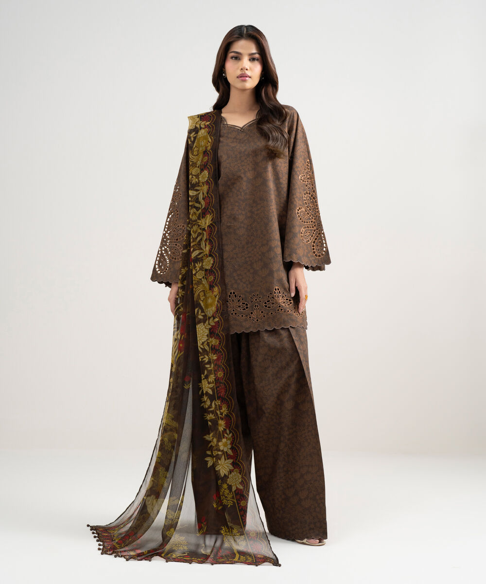 Women's Unstitched Lawn Embroidered Brown 3 Piece Suit