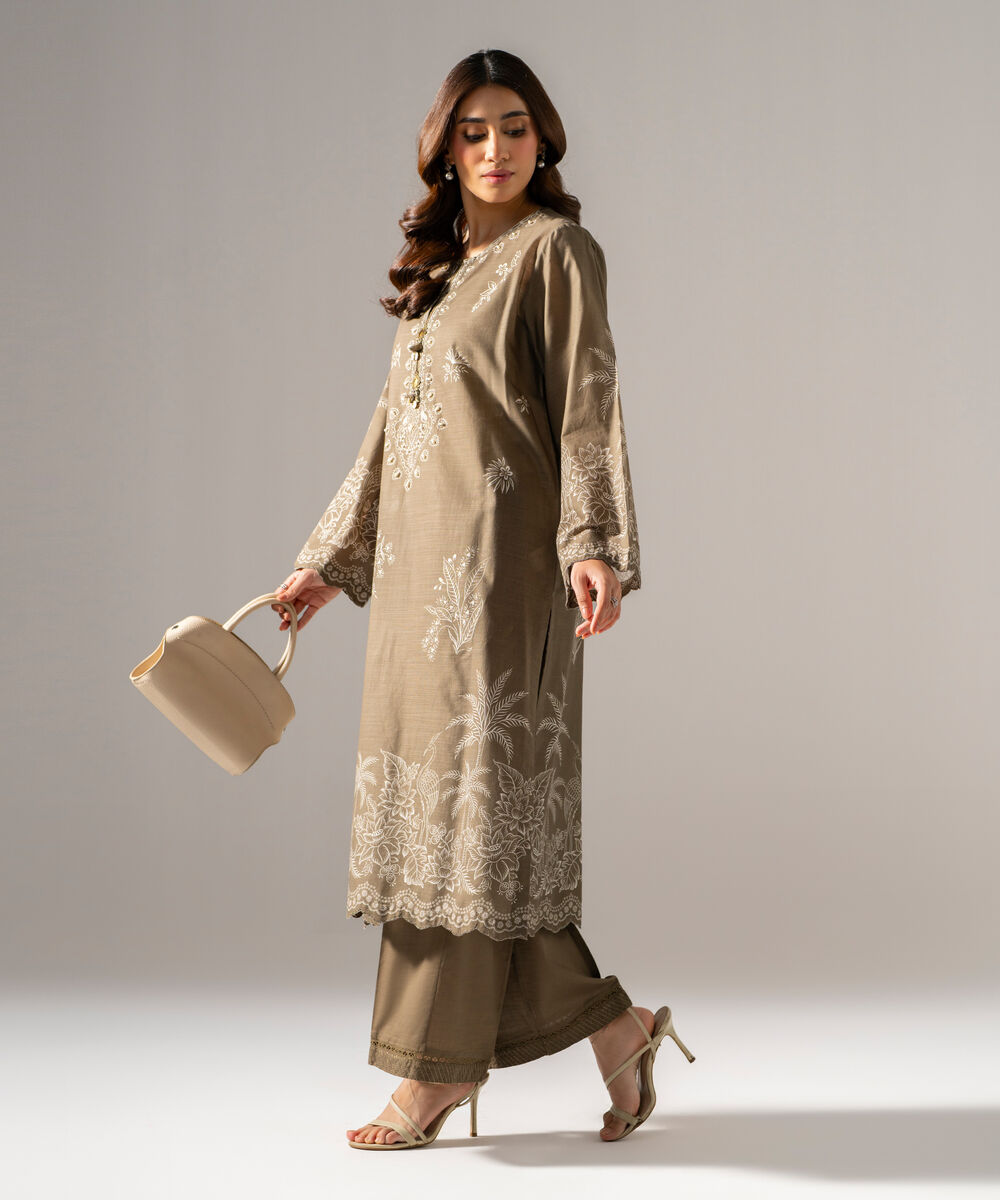 Women's RTW Cross Hatch Printed Embroidered Muted Green Straight Shirt
