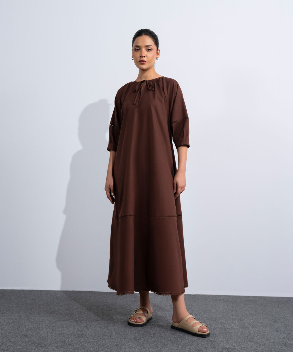 Women's Western Brown Voluminous Maxi Dress