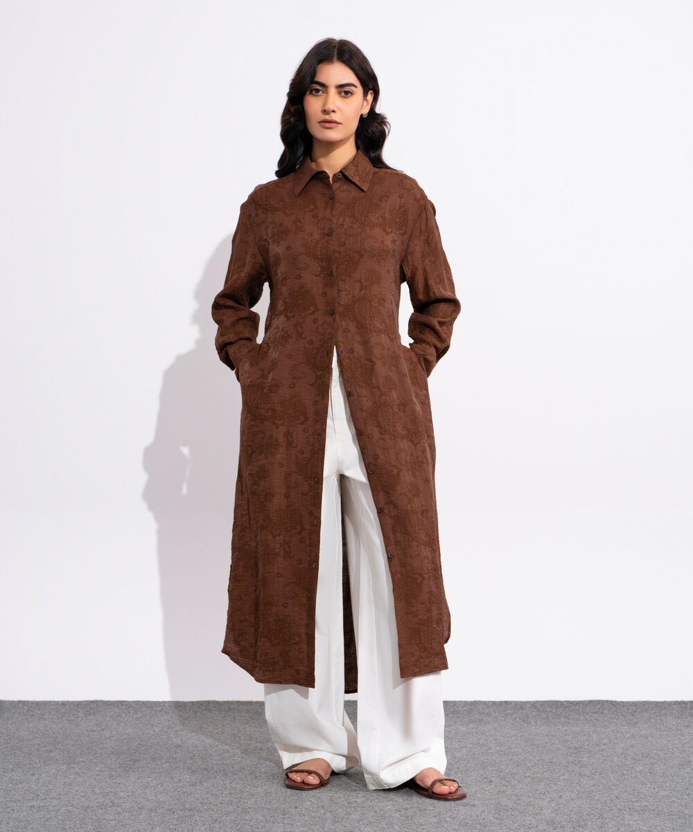 Women's Brown Textured Button Through Dress