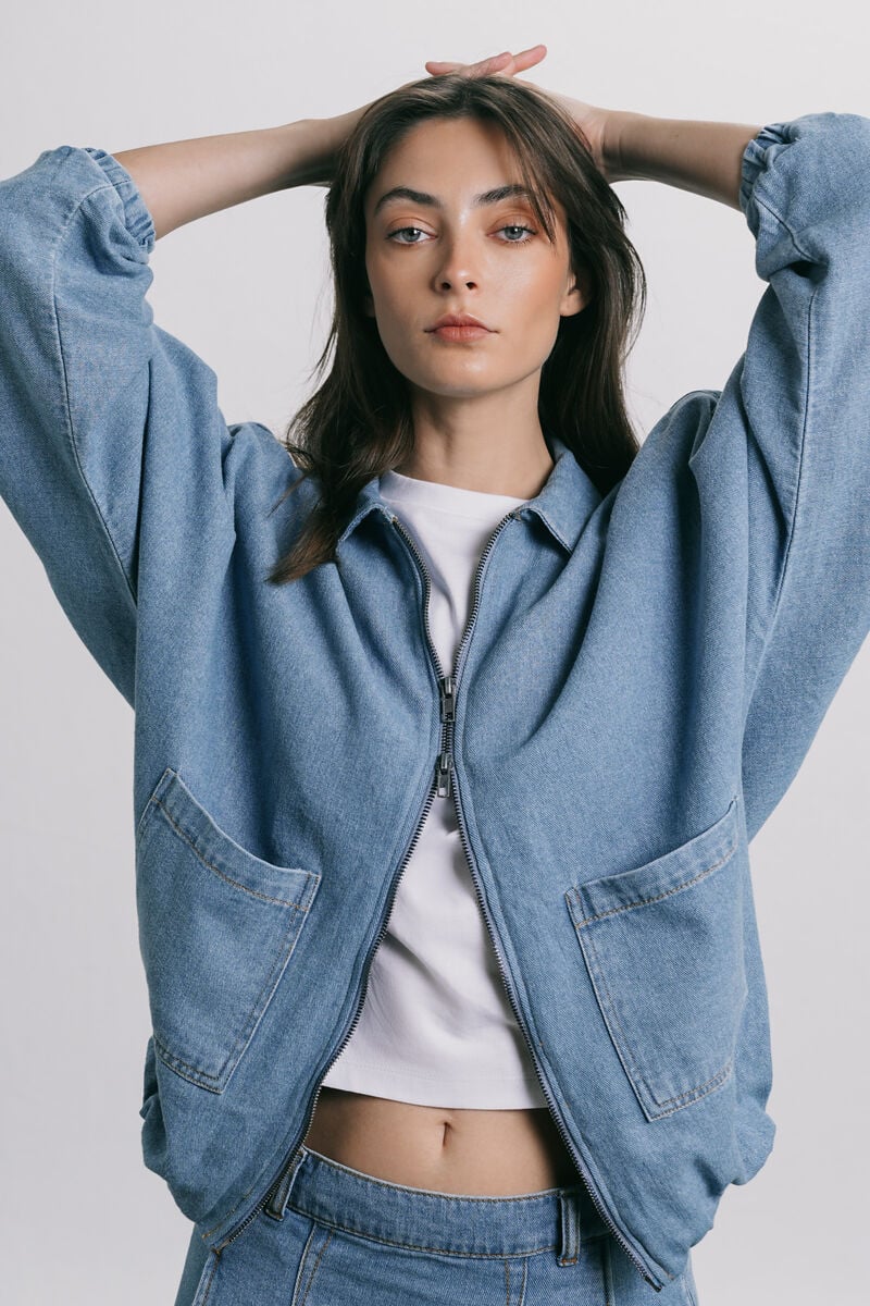 Zip-Up Denim Bomber Jacket