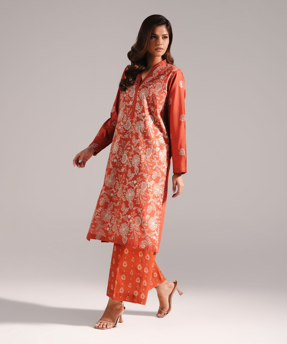 Women's RTW Dobby Embroidered Rust 2 Piece Suit