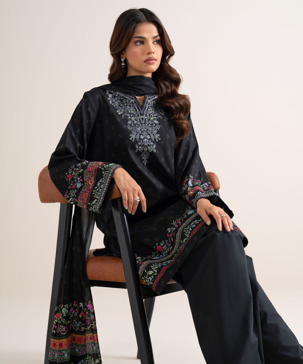 Women's Unstitched Embroidered Linen Black 3 Piece Suit