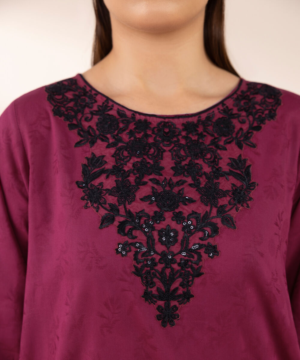 Women's RTW Cotton Jacquard Pink Embroidered A-Line Shirt