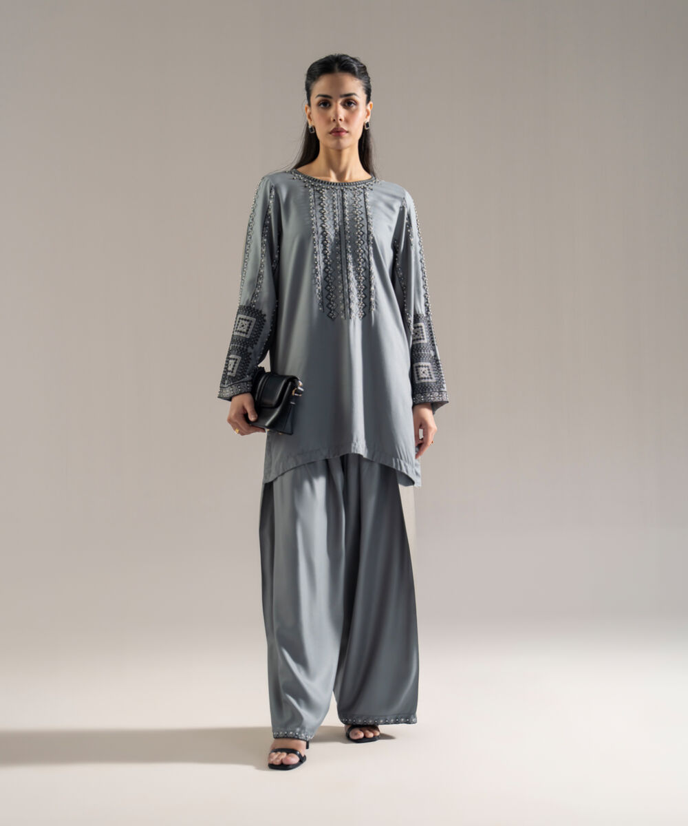 Women's RTW Bedford Solid Embroidered Grey Drop Shoulder Shirt