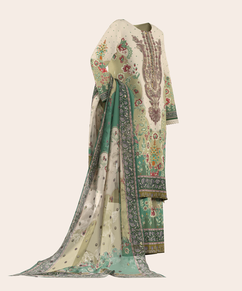 Women's Unstitched Lawn Multi  Embroidered 3 Piece Suit