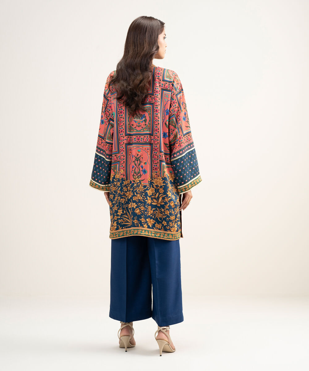 Women's RTW Premium Visocose Satin Printed Pink Drop Shoulder Shirt