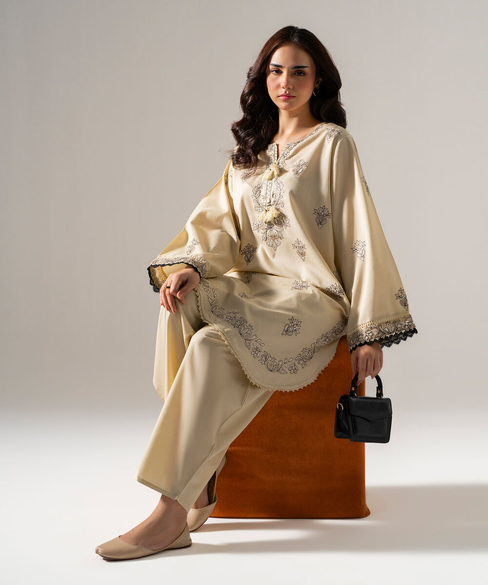 Women's RTW Dobby Solid Embroidered Off White Straight Shirt