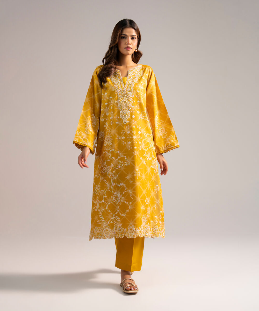 Women's RTW Dobby Embroidered Yellow 2 Piece Suit