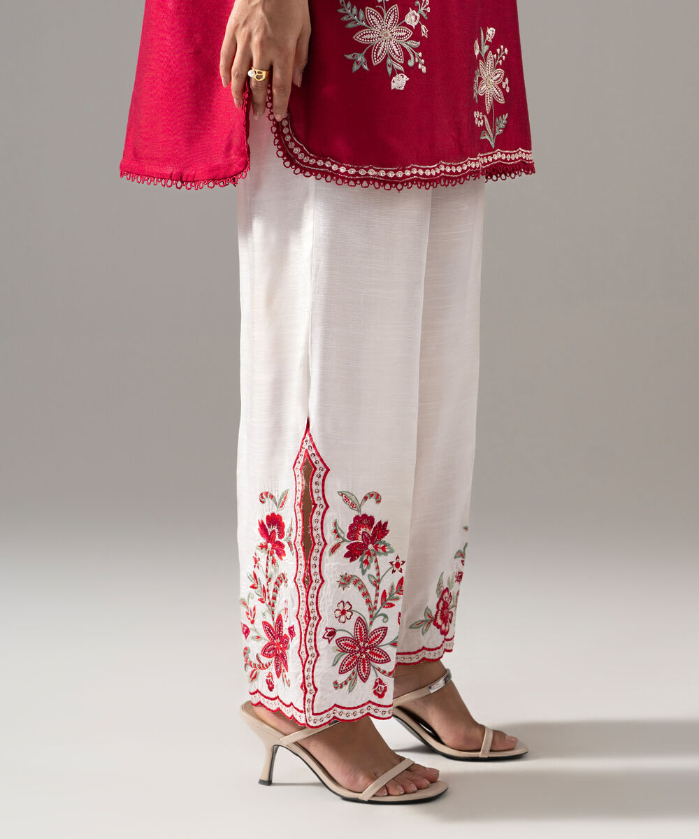 Women's RTW Cotton Net Solid Embroidered Red 2 Piece Suit