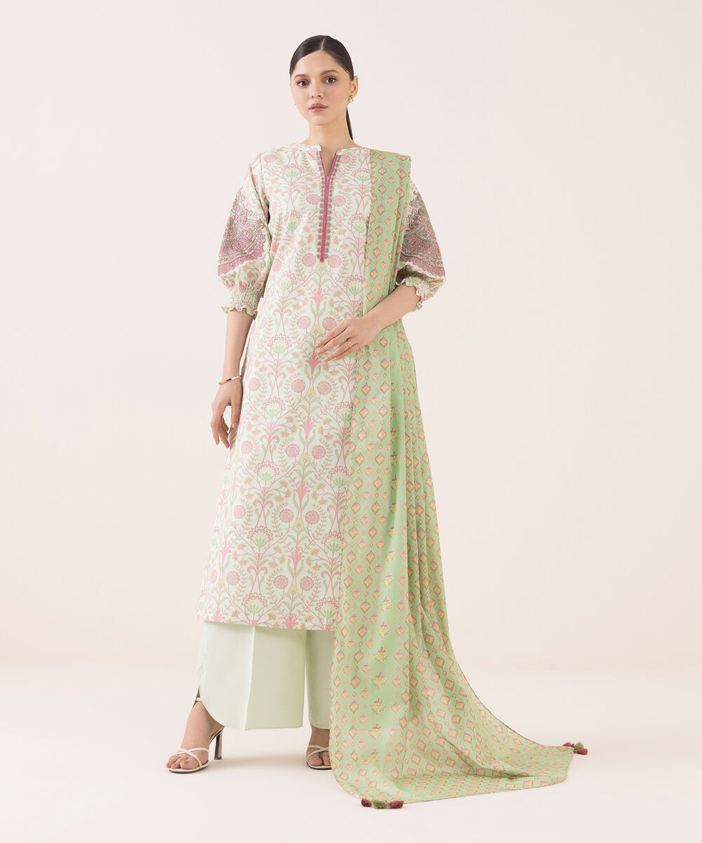 Women's Unstitched Cotton Embroidered Multi Three Piece Suit