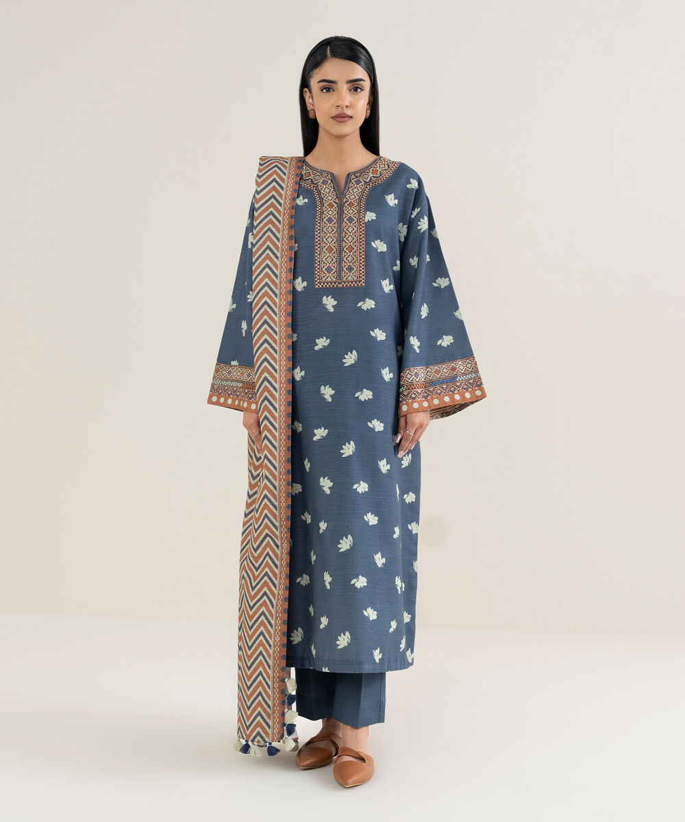 Women's Unstitched Printed Khaddar Blue and Off White 3 Piece Suit