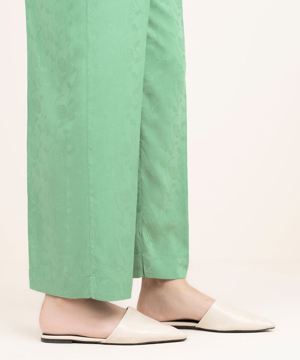 Women's RTW Arabic Self Jacquard Solid Green Straight Pants