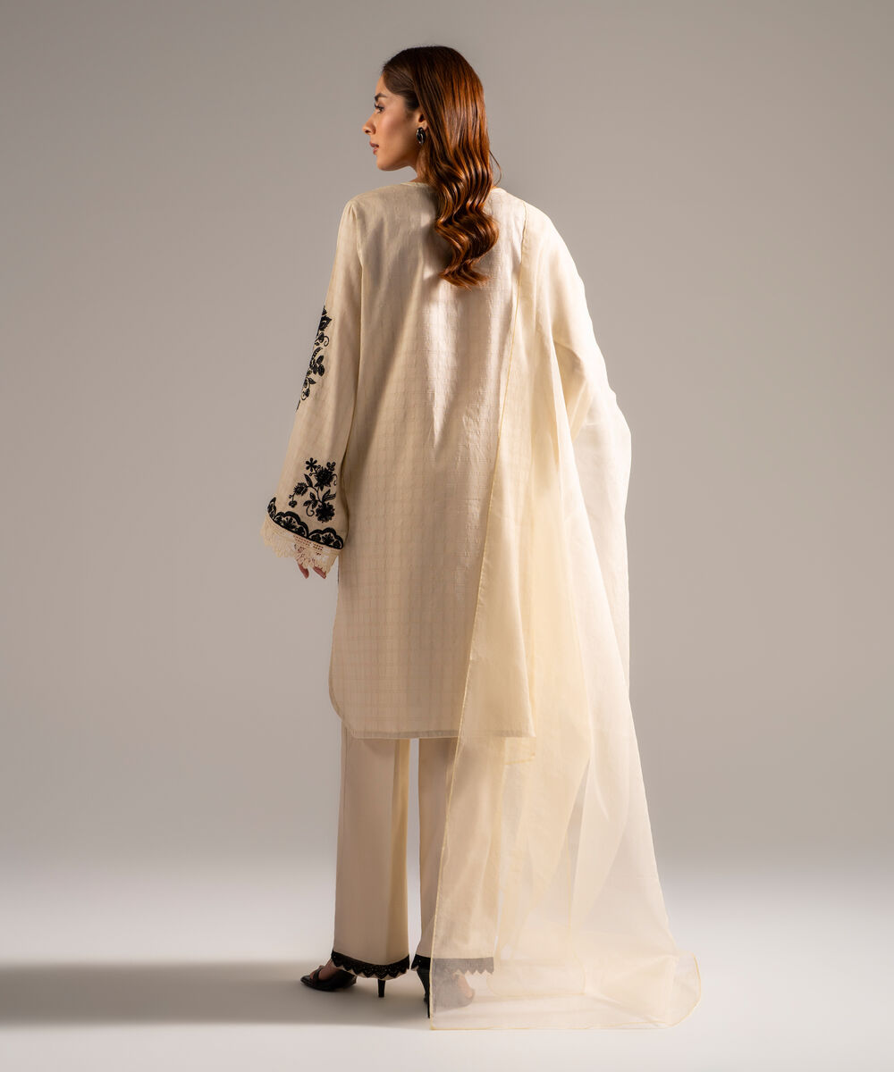 Women's RTW Dobby Embroidered Off White 3 Piece Suit