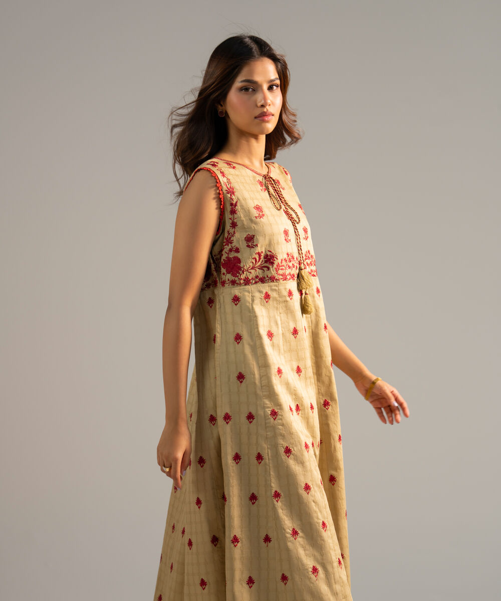 Women's RTW Dobby Embroidered Dark Beige 2 Piece Suit