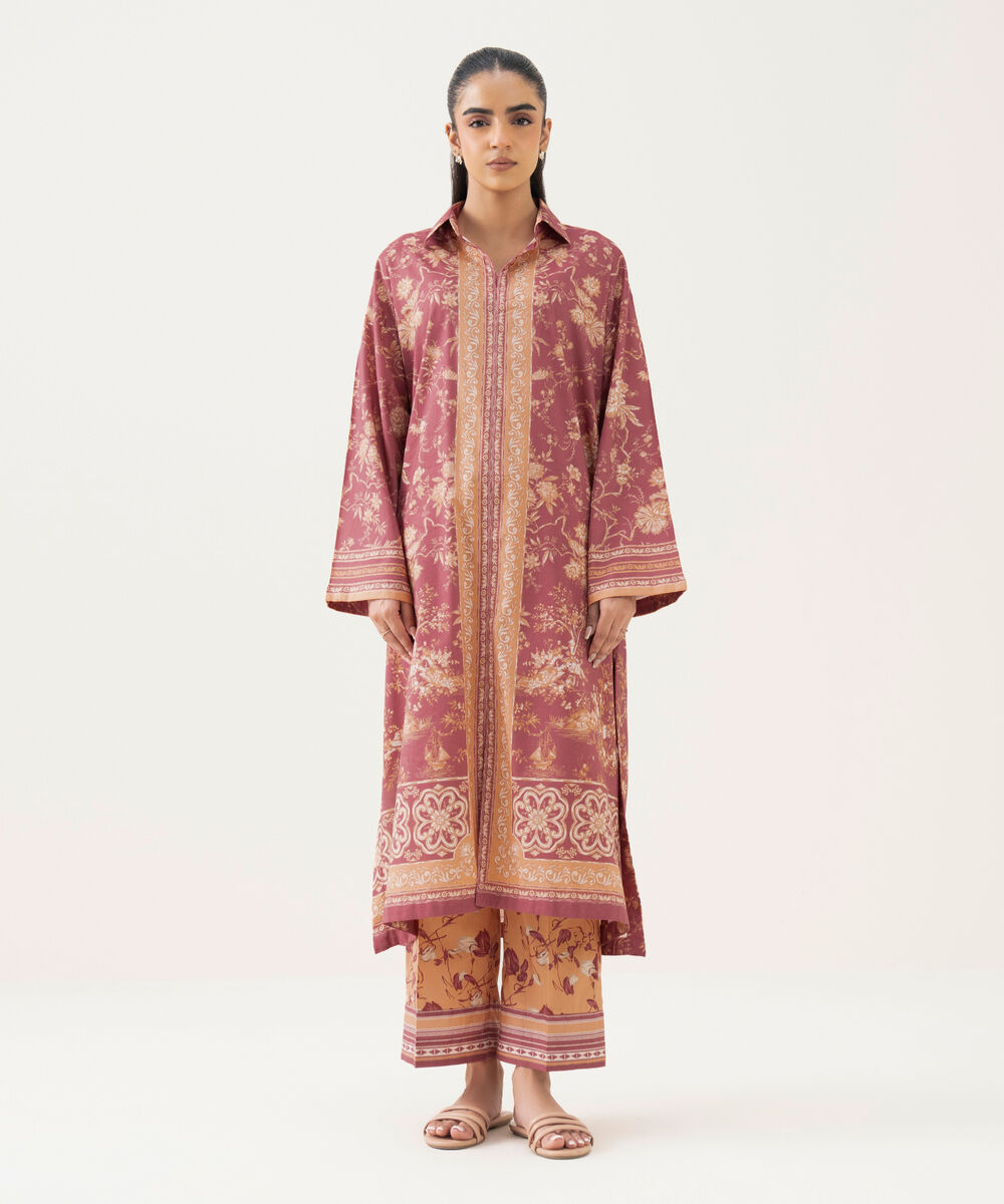 Women's RTW Lawn Printed Pink Drop Shoulder Shirt