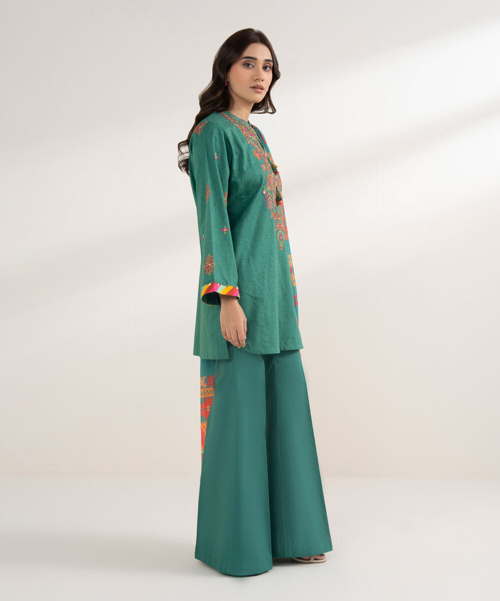 Women's Unstitched Cotton Embroidered Green 3 Piece Suit