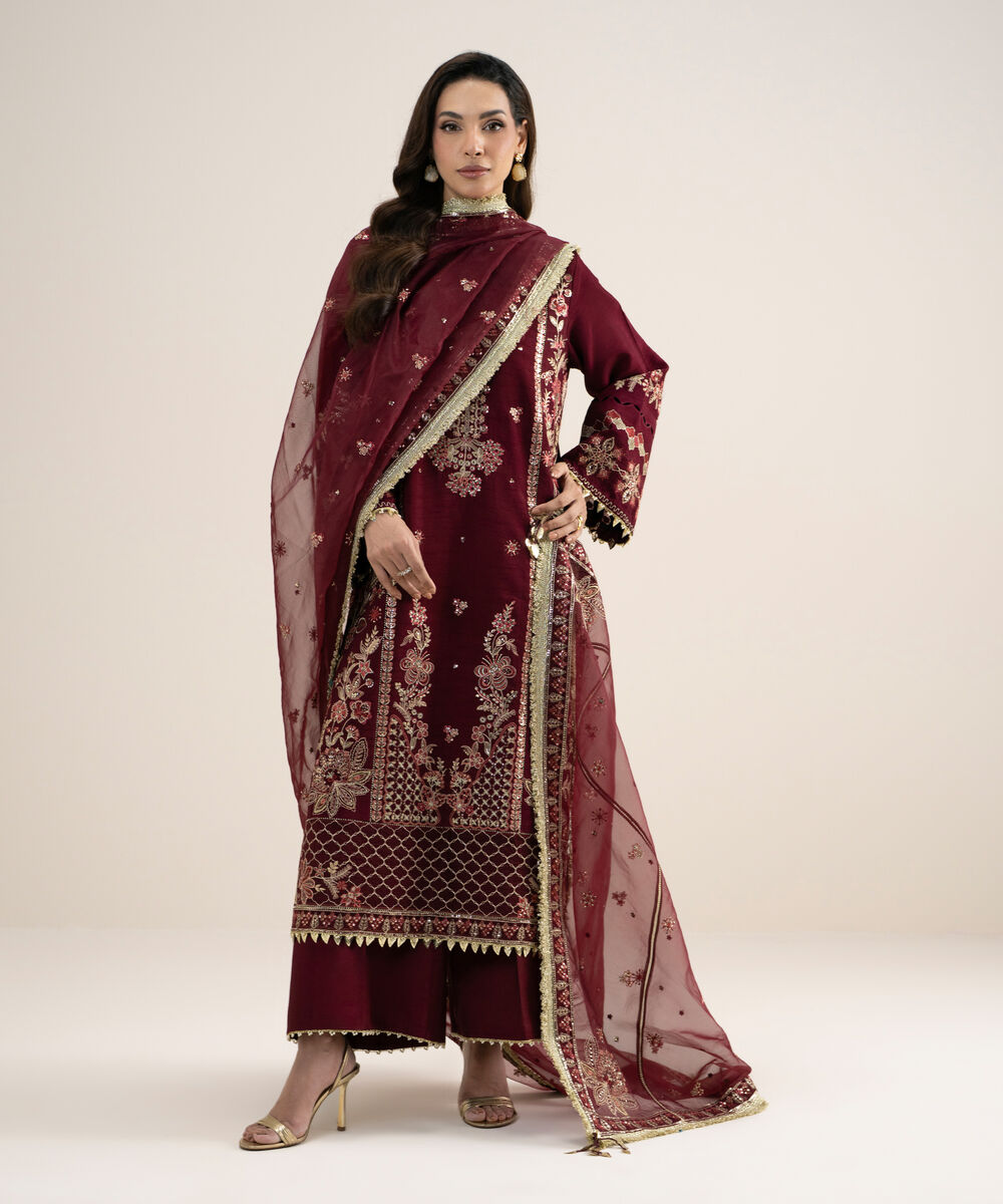 Women's Unstitched Embroidered Viscose Raw Silk Maroon 3 Piece Suit