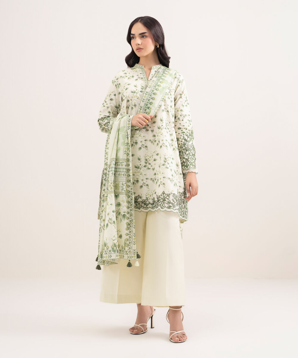Women's Unstitched Zari Lawn Embroidered Off White 3 Piece Suit