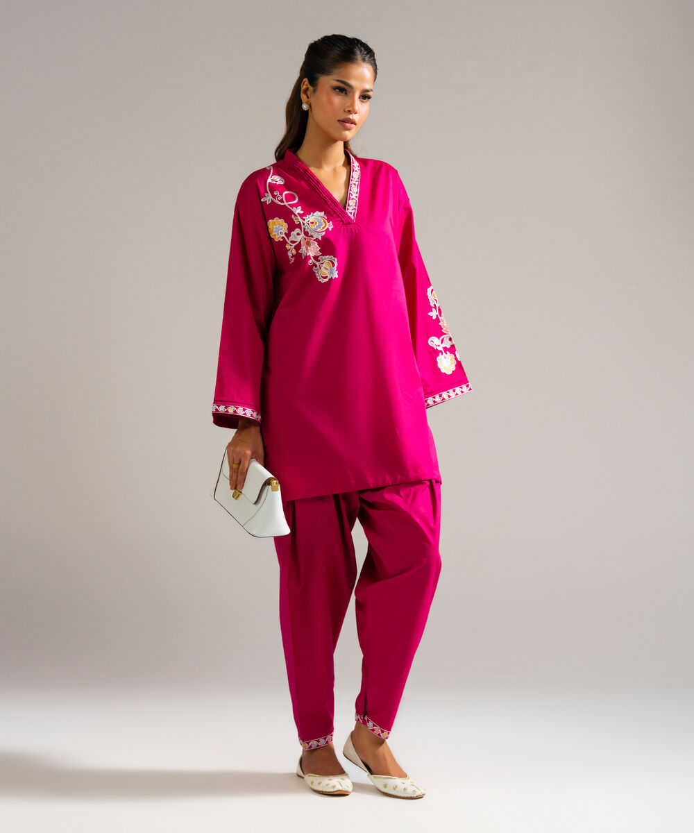 Women's RTW Dobby Embroidered Pink Drop Shoulder Shirt