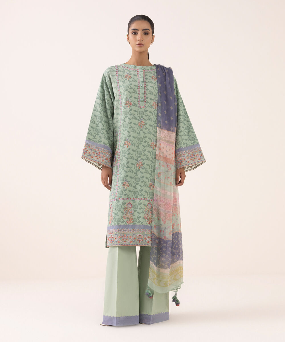 Women's Unstitched Jacquard Embroidered Green Three Piece Suit