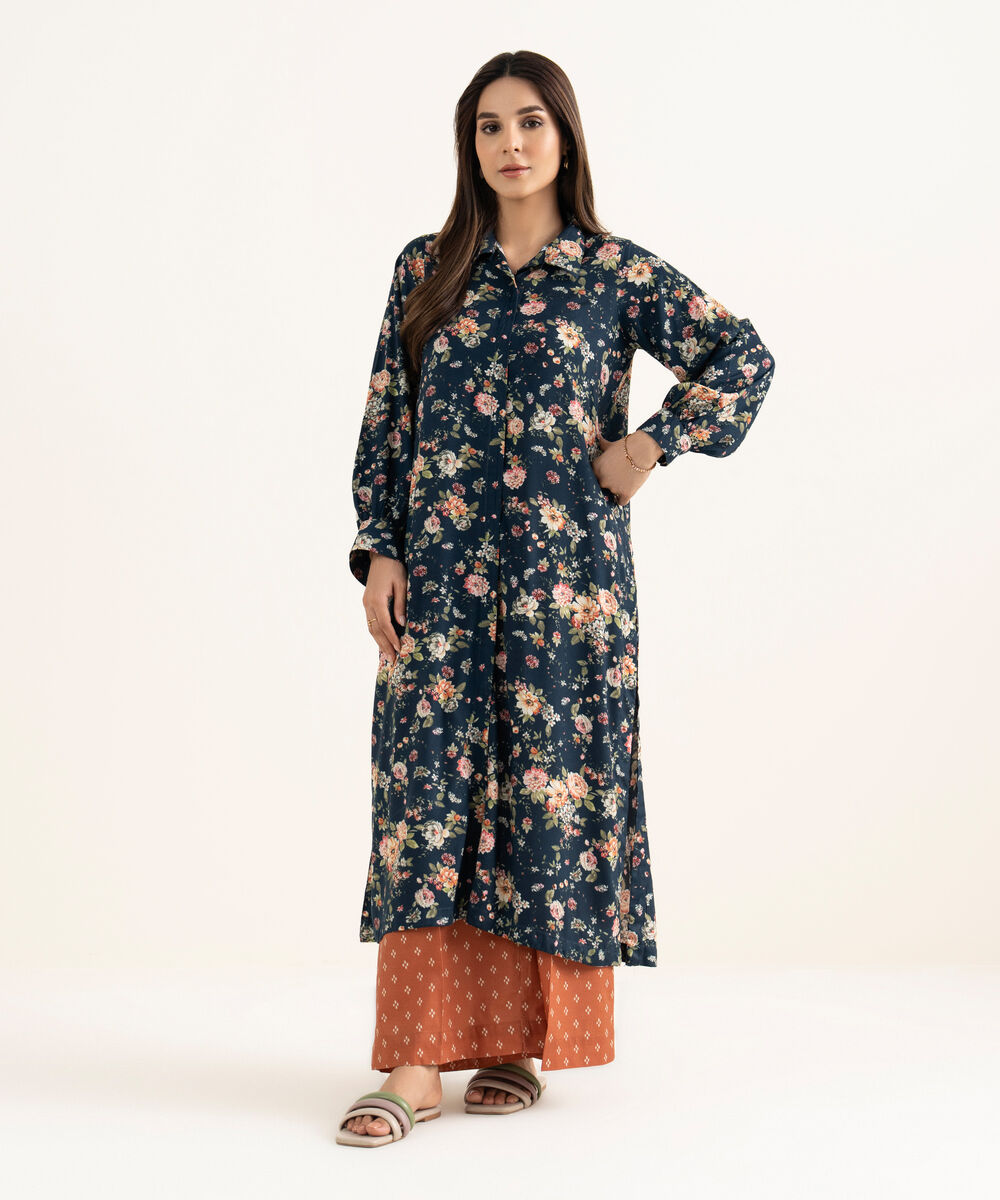 Women's RTW Arabic Lawn Blue Printed Straight Shirt