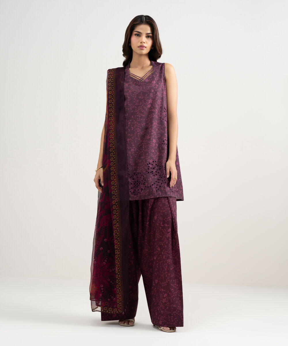 Women's Unstitched Lawn Embroidered Purple 3 Piece Suit