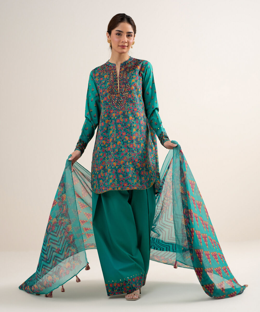 Women's Unstitched Lawn Embroidered Green 3 Piece Suit