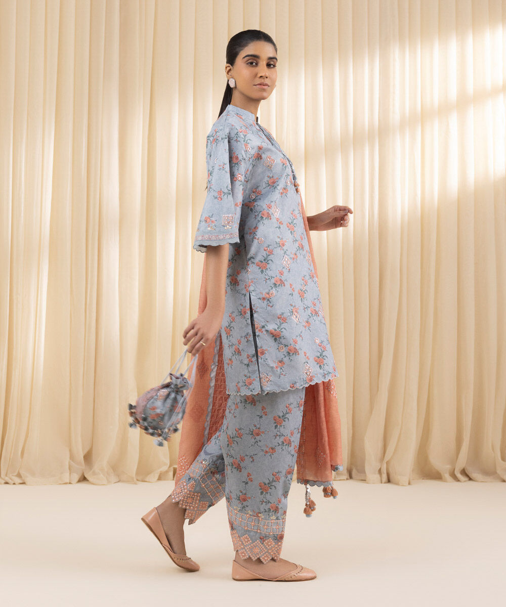 Unstitched Women's Embroidered Blended Grip Silk Blue Three Piece Suit