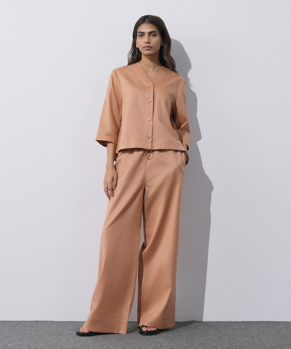 Women's Western Wear Peach V-Neck Linen Blend Shirt