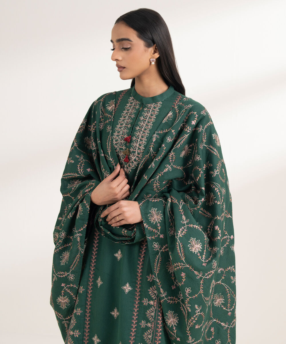 Women's RTW Cotton Karandi Embroidered Green 3 Piece Suit