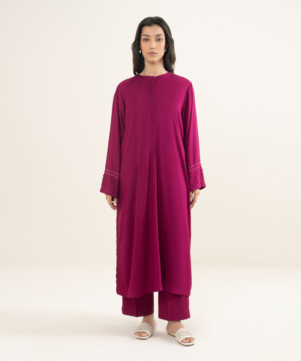 Women's RTW Arabic Lawn Solid Pink Straight Shirt