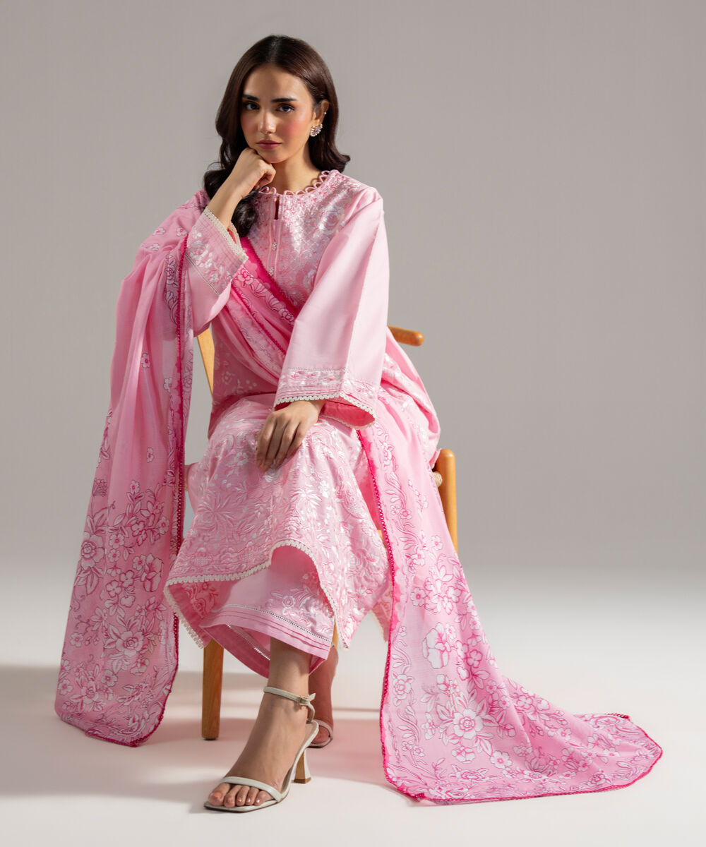 Women's RTW Cambric Solid Embroidered Pink 3 Piece Suit