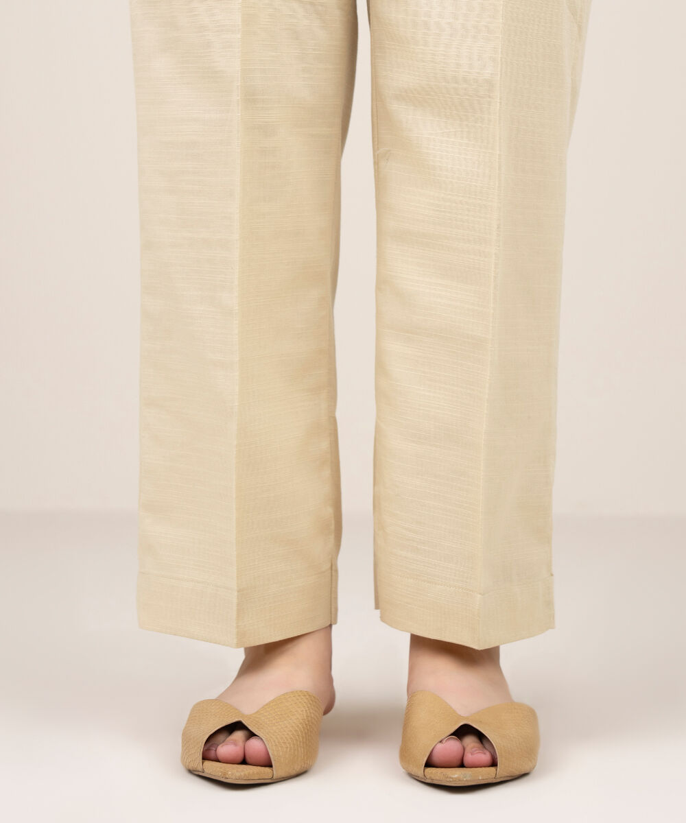 Women's RTW Khaddar Solid Beige Straight Pants