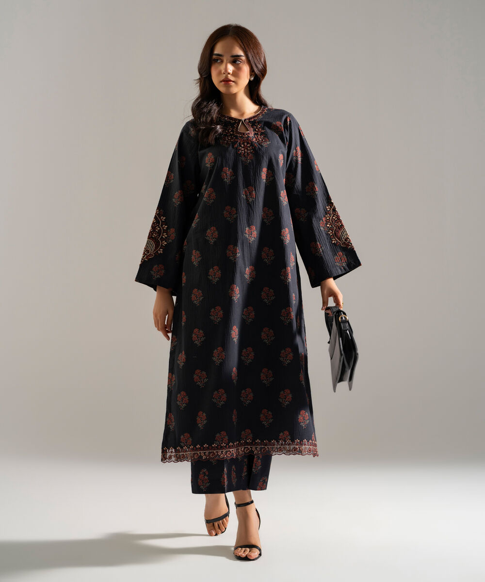 Women's RTW Seersucker Embroidered Black 2 Piece Suit