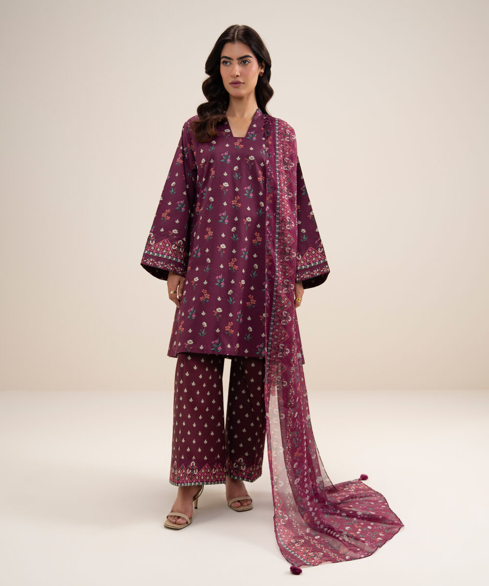 Women's Unstitched Lawn Printed Maroon 3 Piece Suit