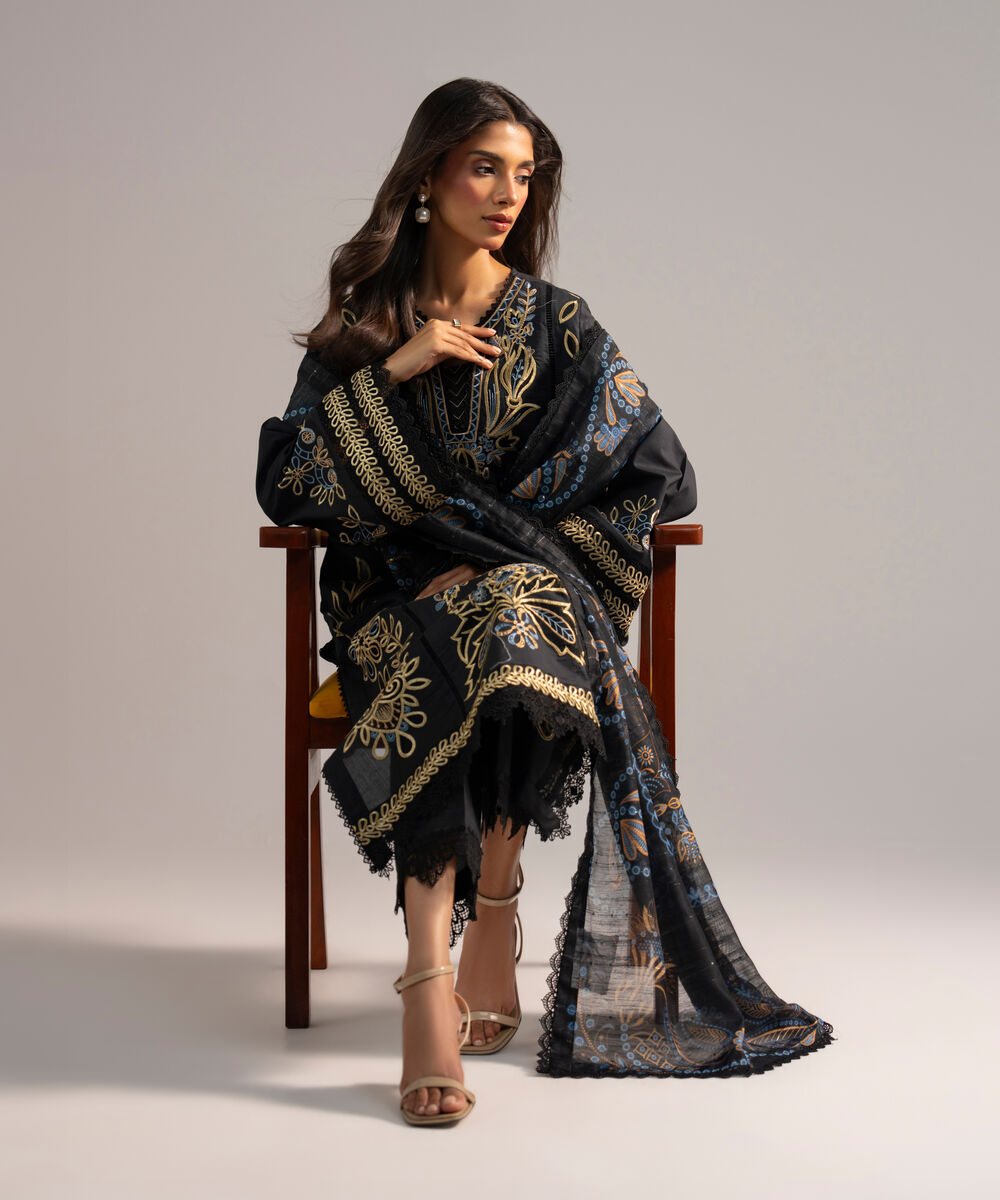 Women's RTW Lawn Embroidered Black 3 Piece Suit